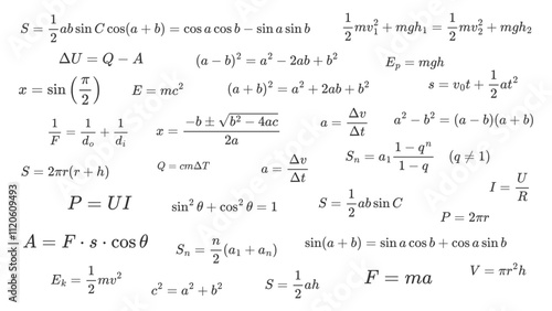 Set of essential math and physics formulas isolated on white background. Key concept in math, physics, mechanics, thermodynamics, and electricity. Vector illustration.
