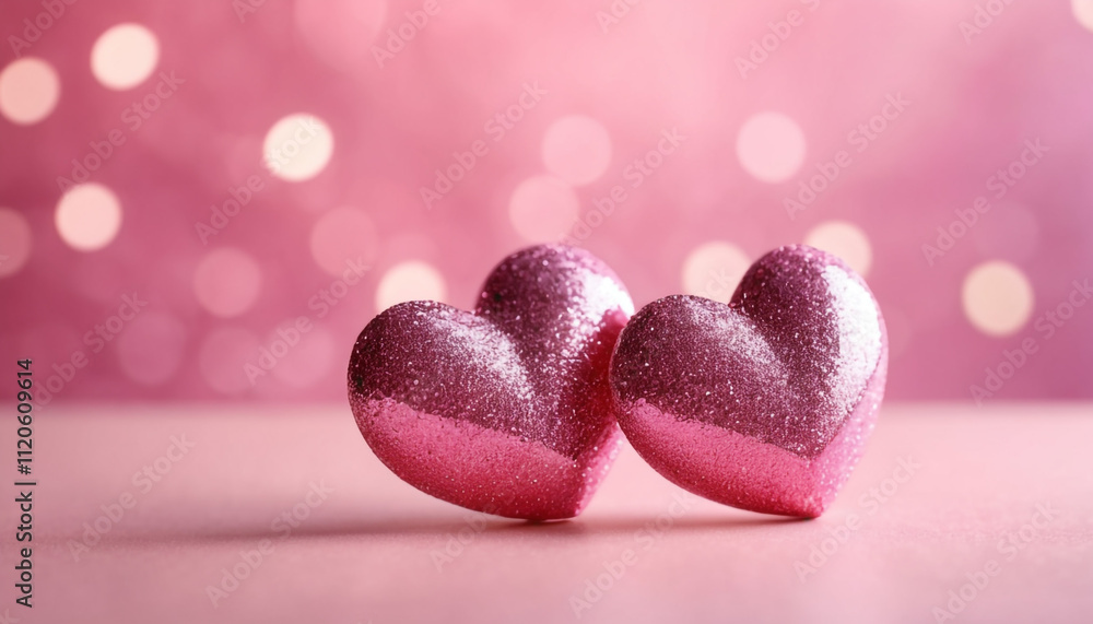 Obraz premium Two pink, glittery heart shapes placed side by side against a pink, bokeh background. Happy Valentine's Day