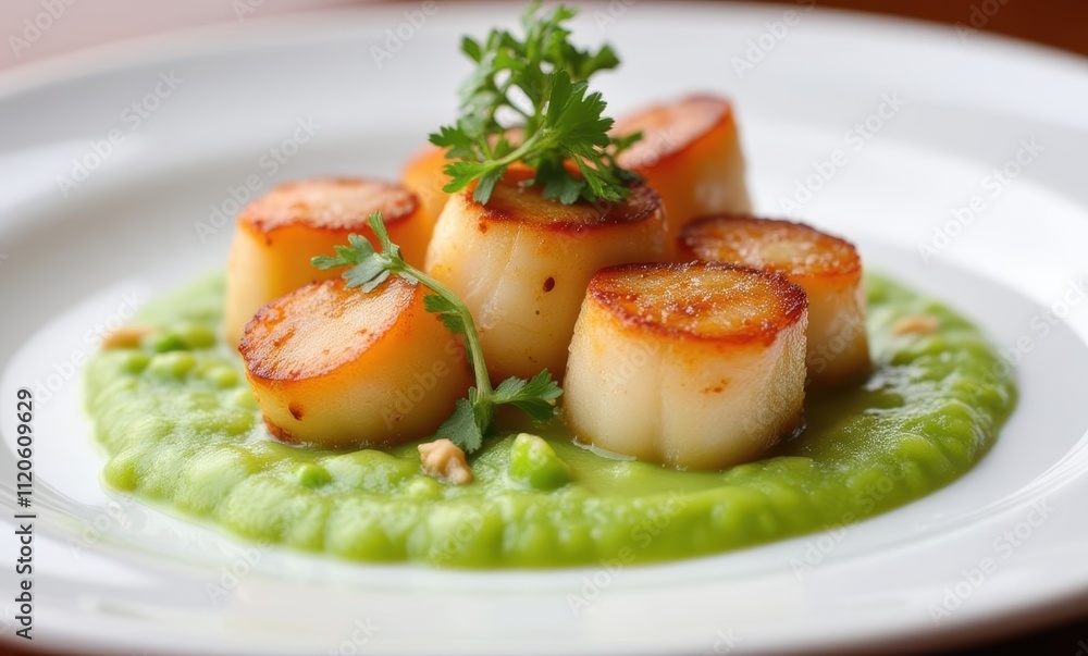 Seared scallops on pea puree dish Seared scallops on pea puree dish