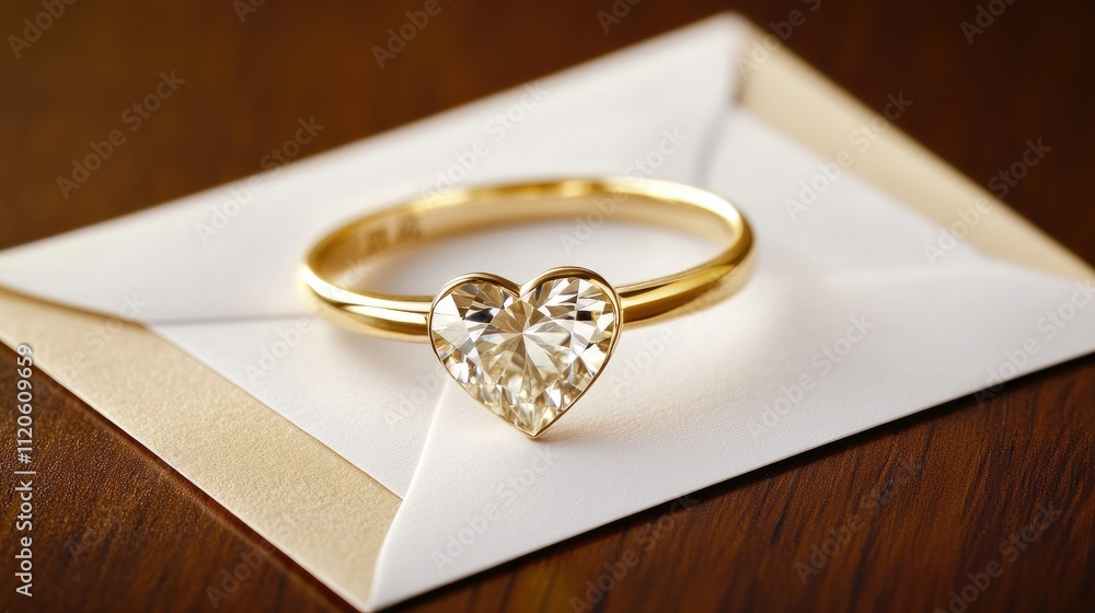 Elegant Heart-Shaped Diamond Ring on Envelop for Romance Love Note Elegant Heart-Shaped Diamond Ring on Envelop for Romance Love Note