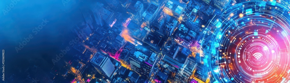 Fototapeta premium Smart city infrastructure with IoT integration, top view, illustrating seamless connectivity, technology tone, vivid color scheme