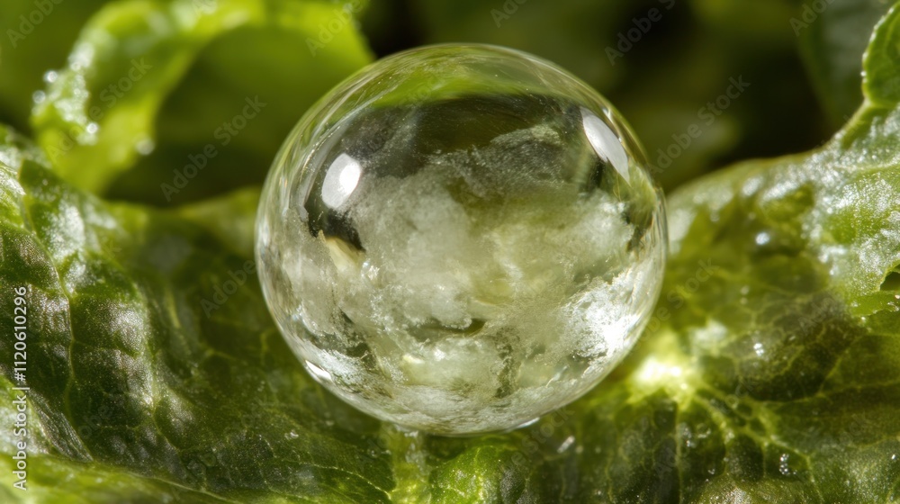 A clear water droplet resting on vibrant green leaves, showcasing nature's beauty. A clear water droplet resting on vibrant green leaves, showcasing nature's beauty.
