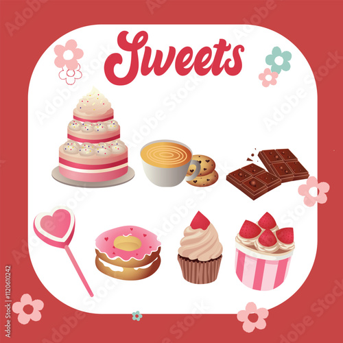 set of cakes and sweets