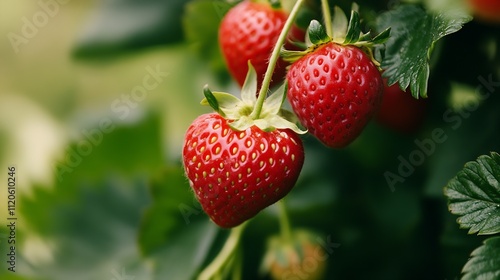 Ripe Red Strawberries on Vine in Lush Garden Setting Perfect for Fresh Summer Harvest Imagery : Generative AI