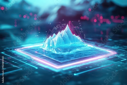 Fototapeta Naklejka Na Ścianę i Meble -  Melting glacier with rising sea levels depicted in futuristic hologram, glowing lines, data visualization, 3D render
