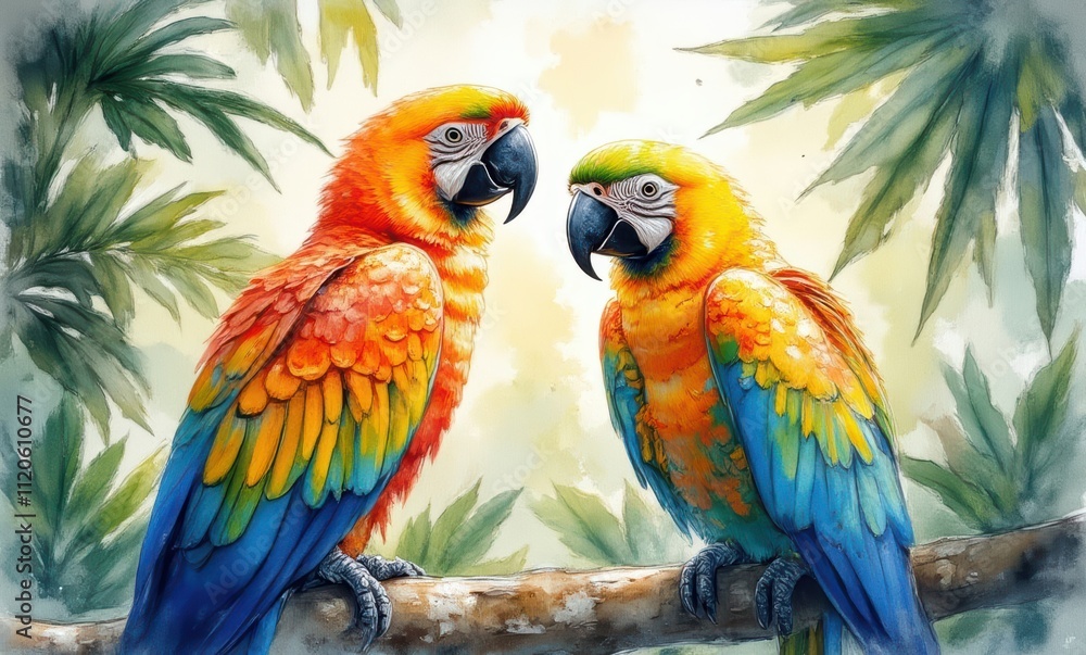 Two colorful parrots perched together Two colorful parrots perched together
