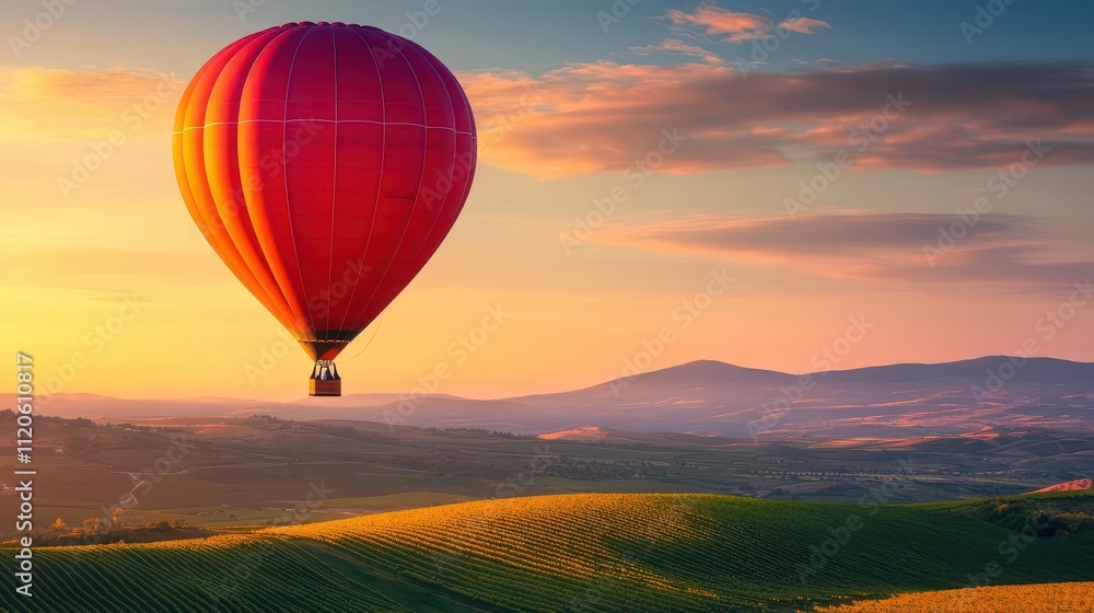 Obraz premium Hot air balloon floating above rolling vineyards, golden sunrise hues painting the sky, romantic adventure in full bloom