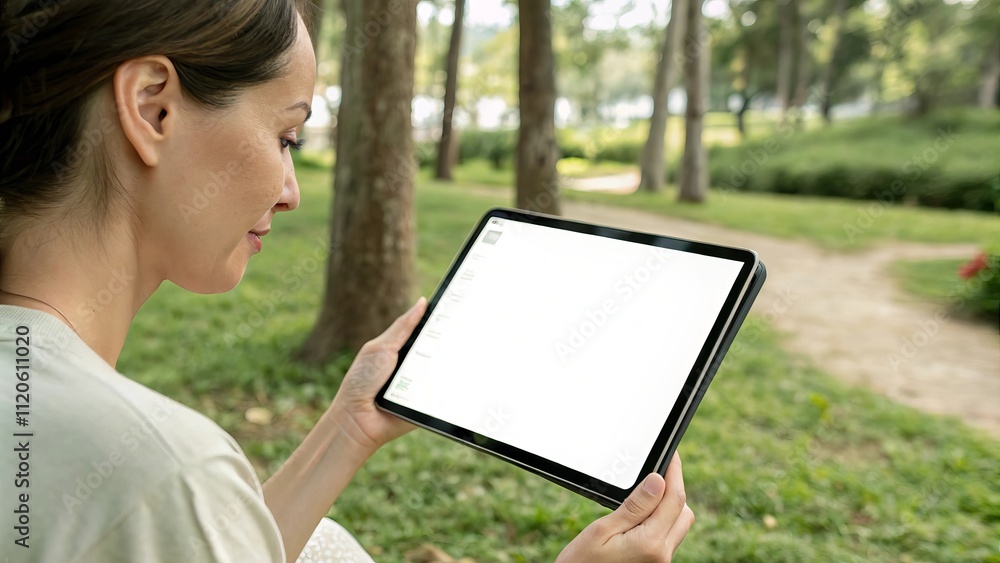Woman using tablet in park: digital lifestyle in nature setting Woman using tablet in park: digital lifestyle in nature setting