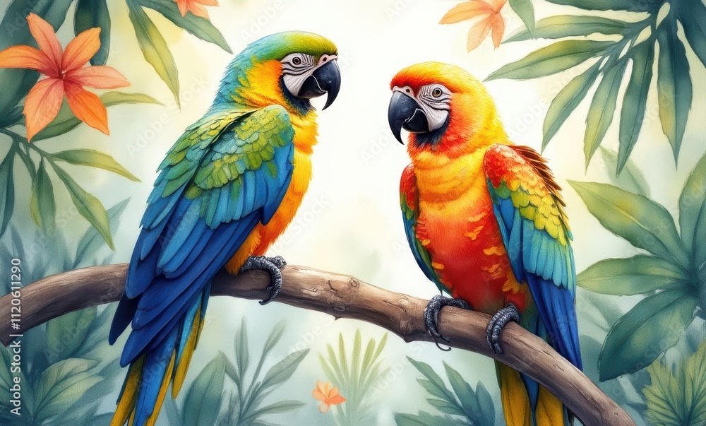 Two colorful parrots perched together Two colorful parrots perched together