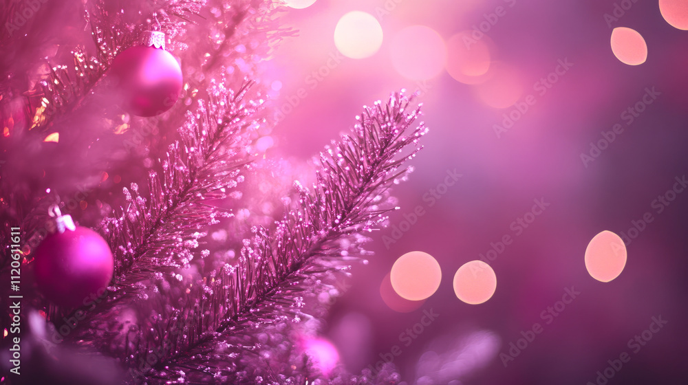 Vibrant pink christmas tree with ornaments and bokeh lights Vibrant pink christmas tree with ornaments and bokeh lights