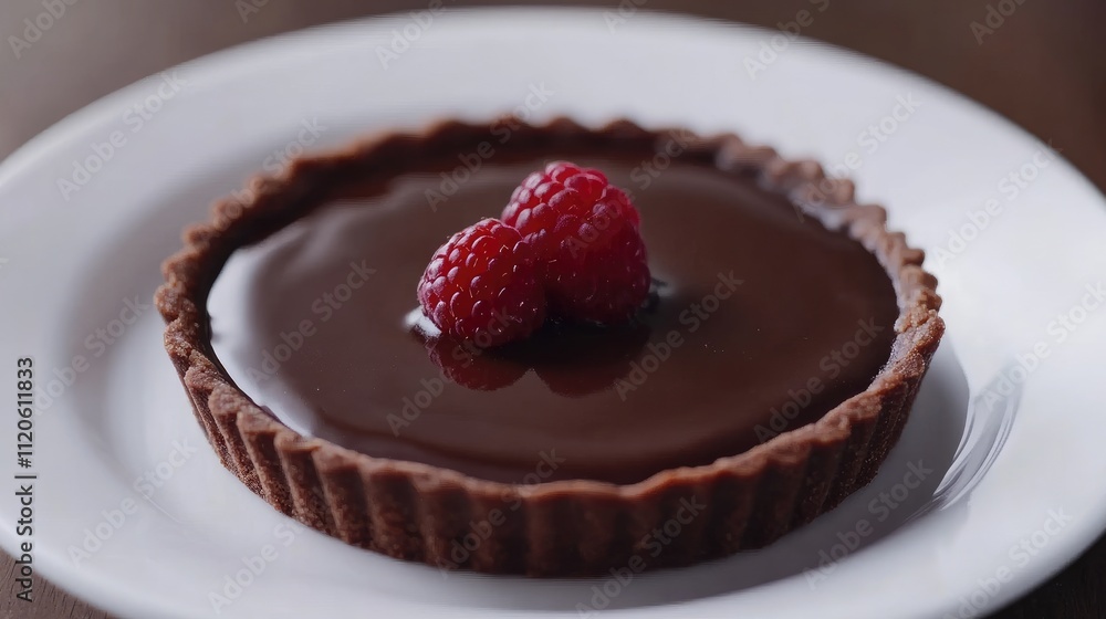 Rich Chocolate Tart with Fresh Raspberries on White Plate Rich Chocolate Tart with Fresh Raspberries on White Plate