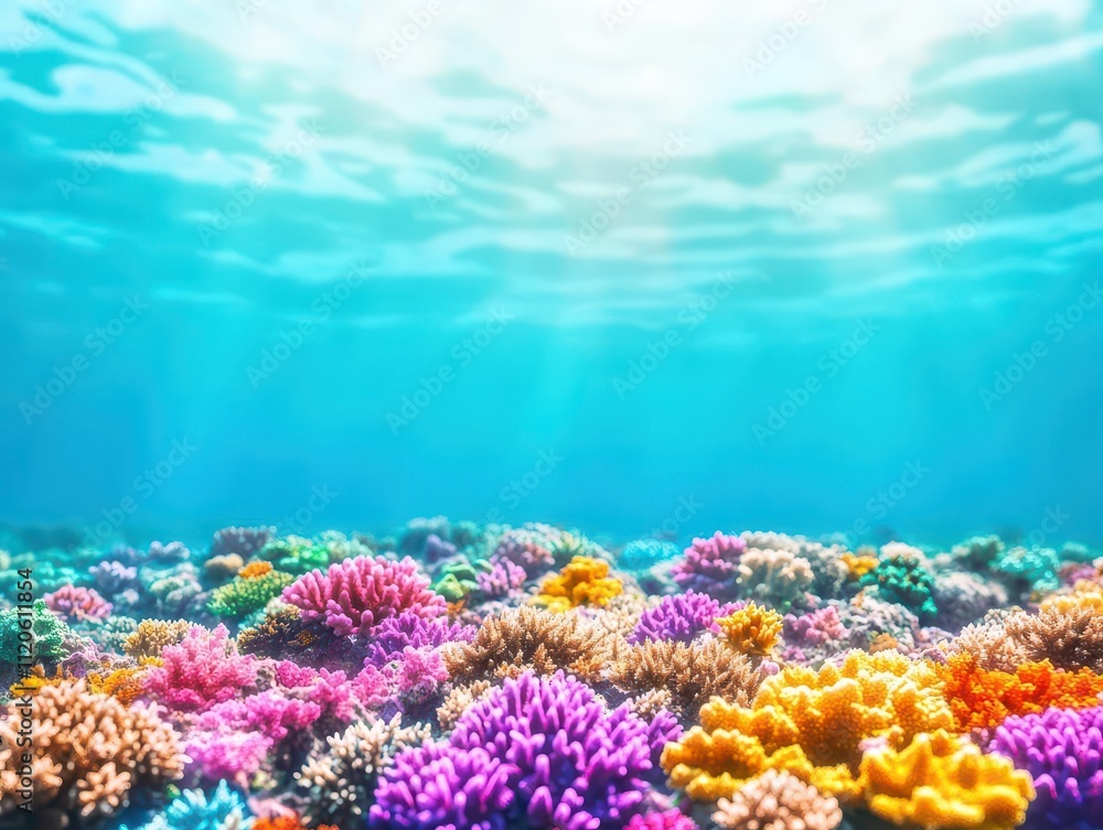 Naklejka premium Coral reef teeming with vibrant marine life, turquoise waters, surreal underwater perspective, ultrarealistic, wideangle view