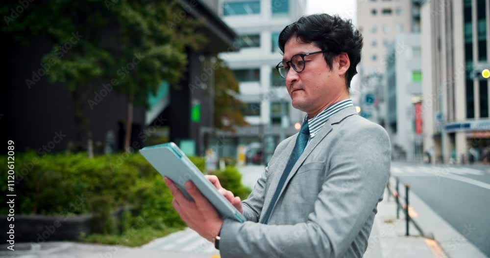 Japanese, businessman and online with tablet in city, market research and information with scroll. Urban, male person and real estate agent with digital for property listing, application and reading Japanese, businessman and online with tablet in city, market research and information with scroll. Urban, male person and real estate agent with digital for property listing, application and reading