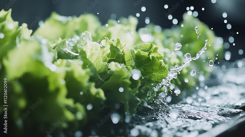 Closeup of Leafy Green Lettuce with Water Droplets and Splashes for a Refreshing Clean Taste : Generative AI Closeup of Leafy Green Lettuce with Water Droplets and Splashes for a Refreshing Clean Taste : Generative AI
