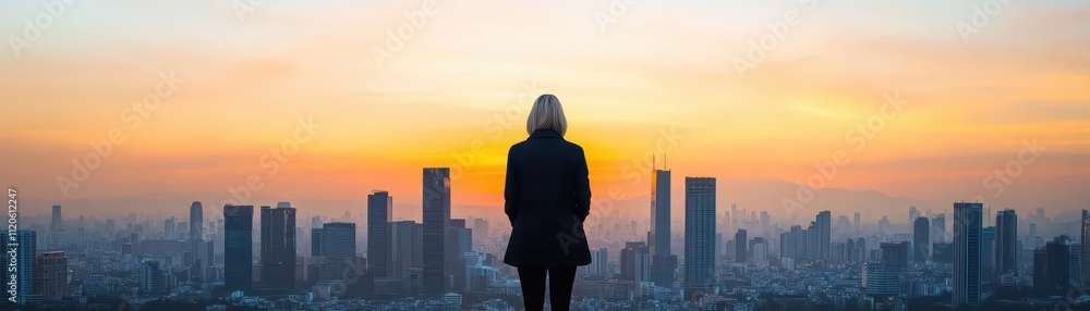 Businesswoman standing confidently amidst an urban skyline focus on, empowerment in business, realistic, silhouette, cityscape at sunset backdrop Businesswoman standing confidently amidst an urban skyline focus on, empowerment in business, realistic, silhouette, cityscape at sunset backdrop