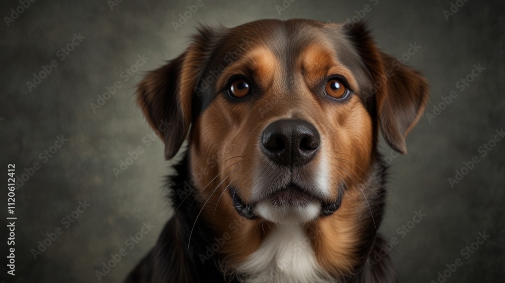 Close-up portrait of a brown and black mixed-breed dog with expressive eyes, looking directly at the camera against a dark grey background. Close-up portrait of a brown and black mixed-breed dog with expressive eyes, looking directly at the camera against a dark grey background.