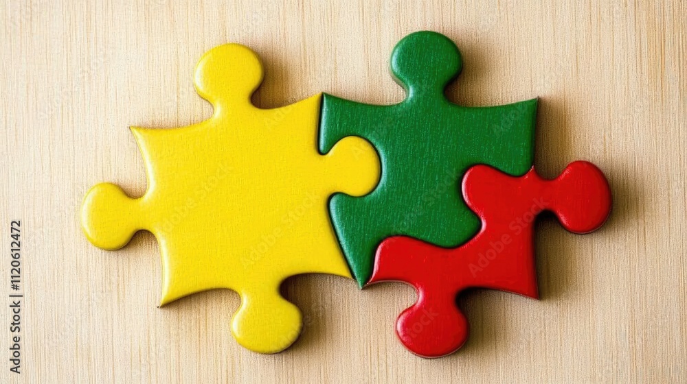 Fototapeta premium Colorful Puzzle Pieces on Wooden Surface for Creative Concepts