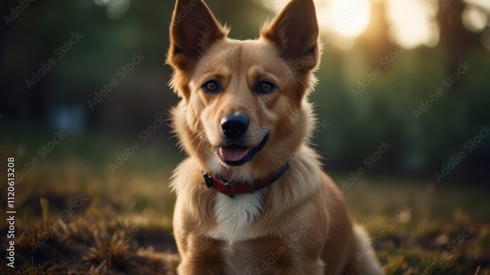 Happy dog sitting outdoors in the sunset. Happy dog sitting outdoors in the sunset.