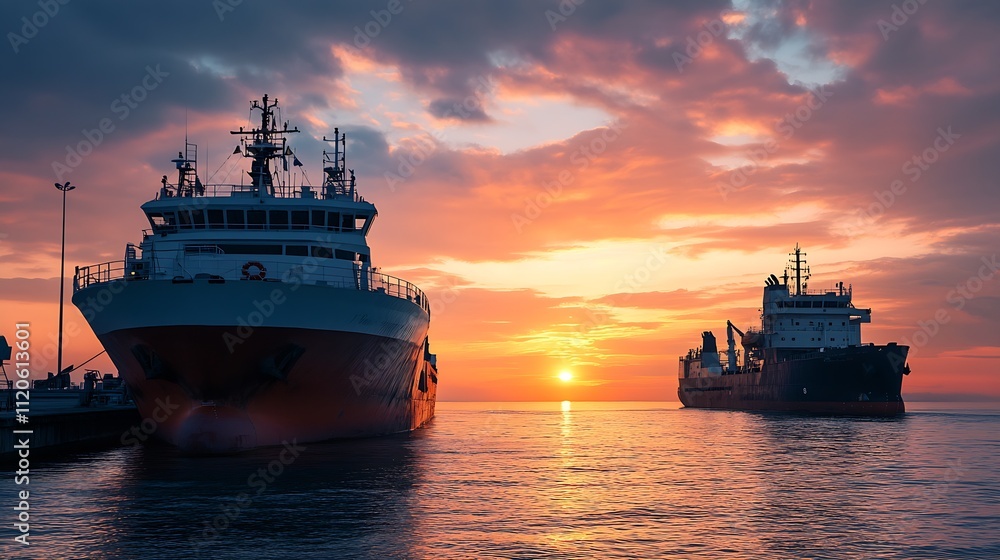Fototapeta premium Majestic Cargo Ships Anchored in Harbor at Vibrant Sunset : Generative AI