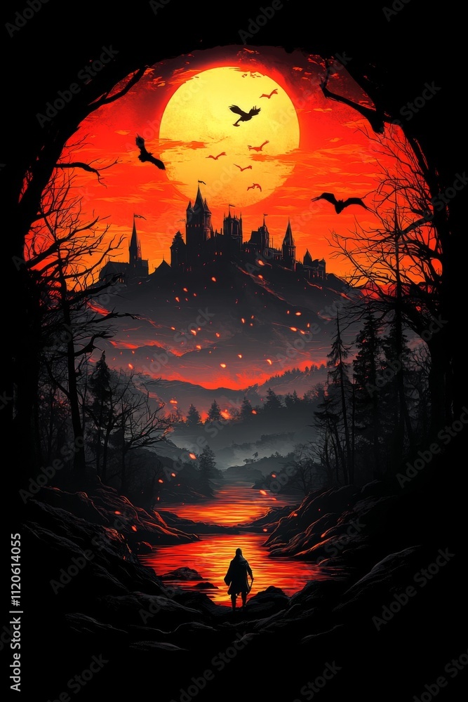 Silhouette of a lone figure stands against an ominous landscape where bats circle a castle under a fiery red moon, creating a gothic and mysterious atmosphere. Silhouette of a lone figure stands against an ominous landscape where bats circle a castle under a fiery red moon, creating a gothic and mysterious atmosphere.