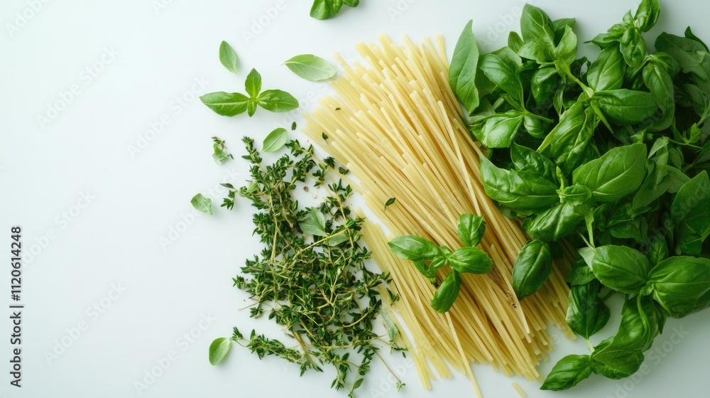 Spaghetti, basil, and thyme on white background. Spaghetti, basil, and thyme on white background.