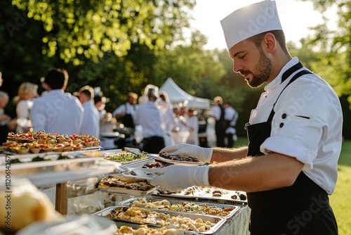 Outdoor catering event with chef preparing a gourmet spread at sunset in a garden setting
