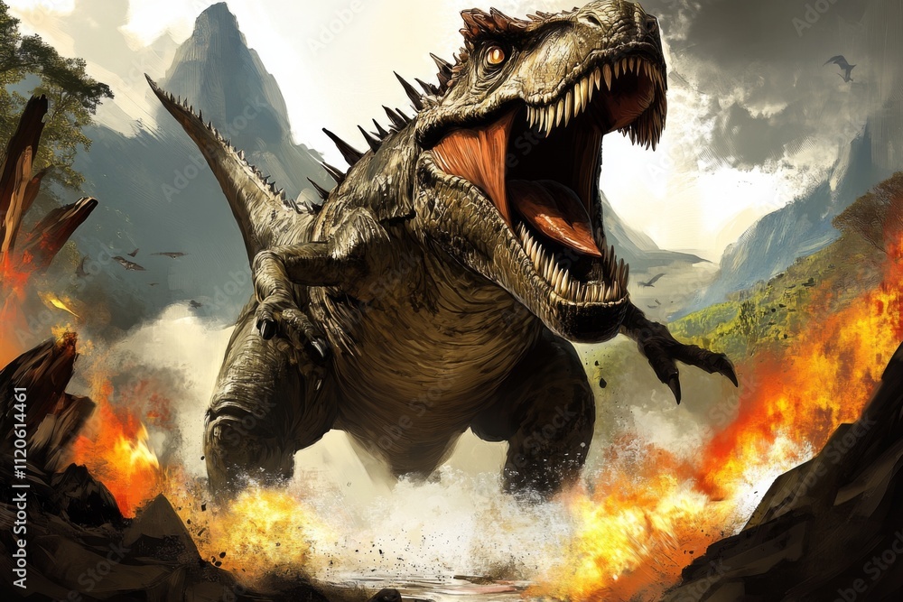 Obraz premium A majestic dinosaur depicted roaring amidst a fiery prehistoric landscape, with vivid flames and mountains in the background, representing untamed natural power.
