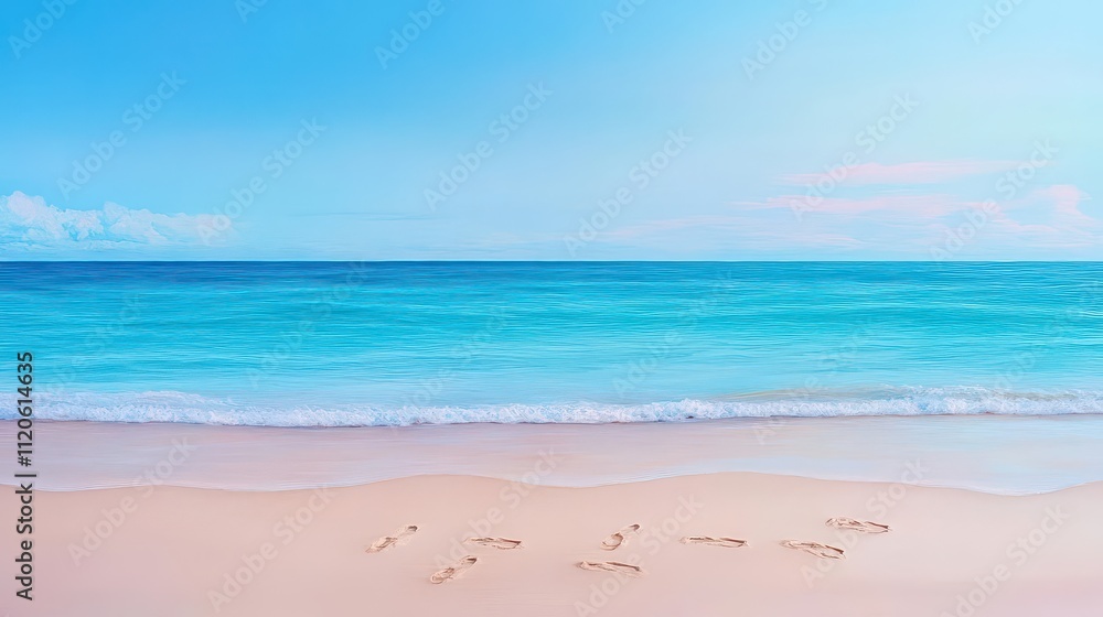 Fototapeta premium A serene beach scene with soft waves, footprints in the sand, pastel tones, oil painting style, tranquil and reflective