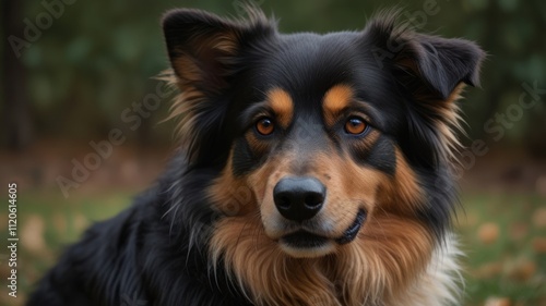 Close-up portrait of a tri-colored dog with amber eyes, sitting outdoors in autumn.