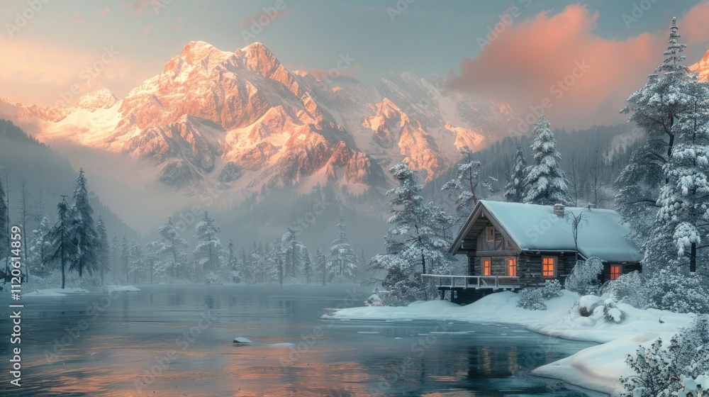 Serene Cabin in Distant Mountain Landscape at Sunset Serene Cabin in Distant Mountain Landscape at Sunset