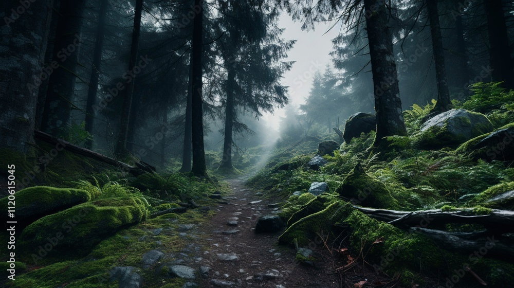 Obraz premium A photo of a trail leading into a misty forest.