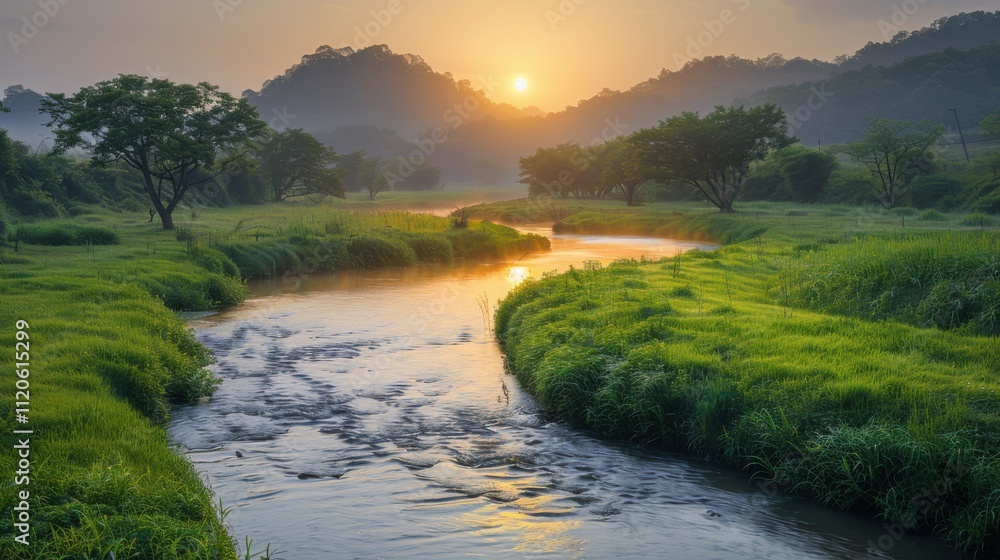 Obraz premium Serene River Flowing Through Lush Green Valley