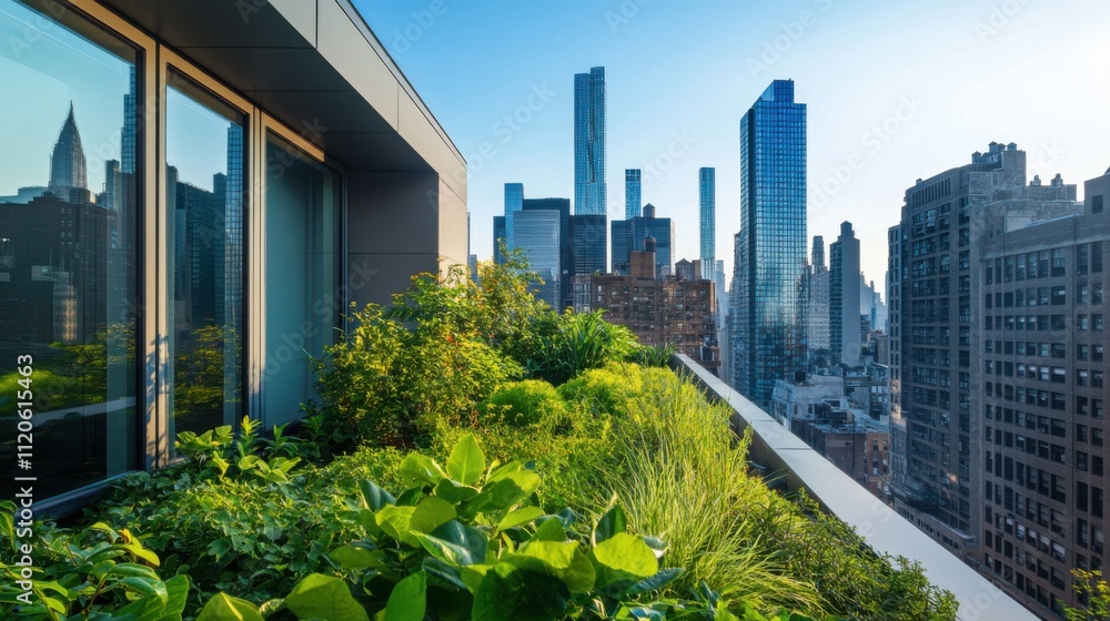 Fototapeta premium Lush rooftop garden overlooking skyscrapers