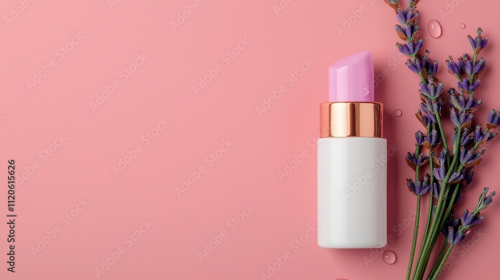 Elegant Cosmetic Container with Lavender on Soft Pink Background Elegant Cosmetic Container with Lavender on Soft Pink Background