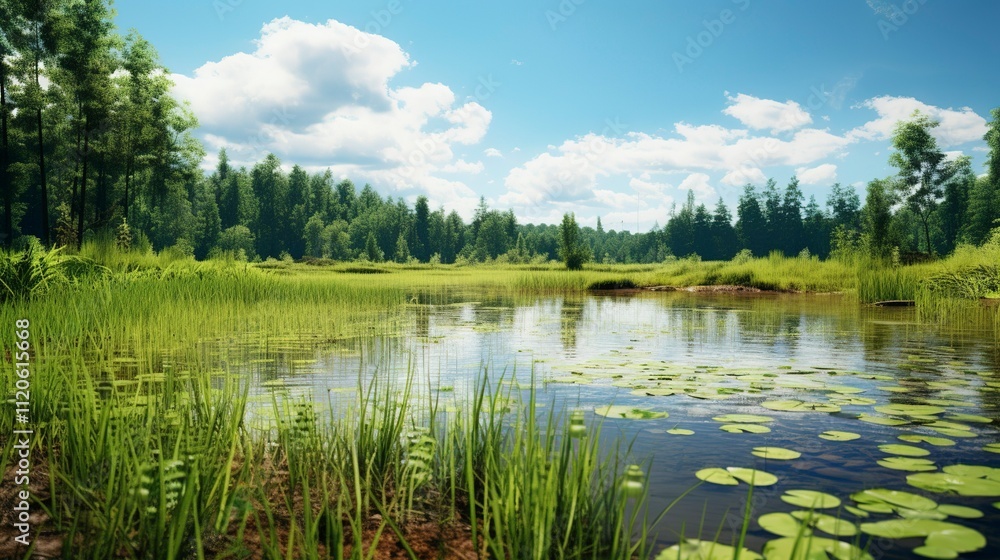 A photo of a tranquil pond surrounded by tall grass A photo of a tranquil pond surrounded by tall grass