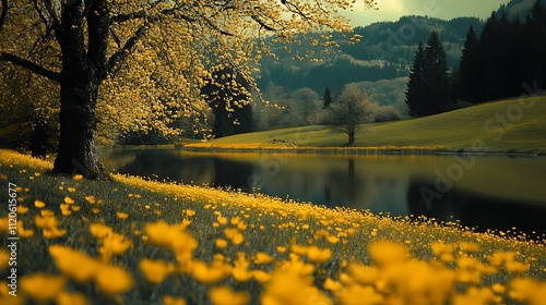 Golden Meadows and Trees Reflecting in a Serene Lake Landscape : Generative AI photo