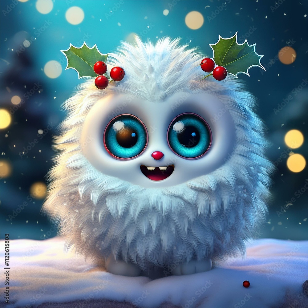 cute winter monster with big sparkly eyes, fluffy white fur with holly berries stuck onto them cute winter monster with big sparkly eyes, fluffy white fur with holly berries stuck onto them