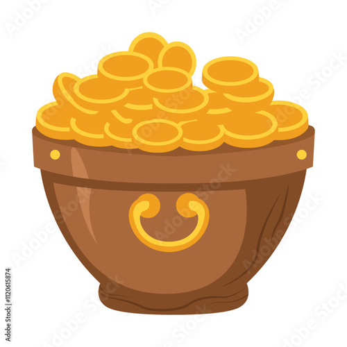 Treasure chest filled with golden coins, gold money container, vessel full of golden money coins, flat cartoon vector illustration photo