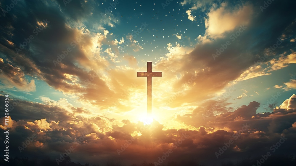Fototapeta premium Majestic Cross with Glowing Sunset and Starry Sky Evoking Divine Inspiration : Generative AI