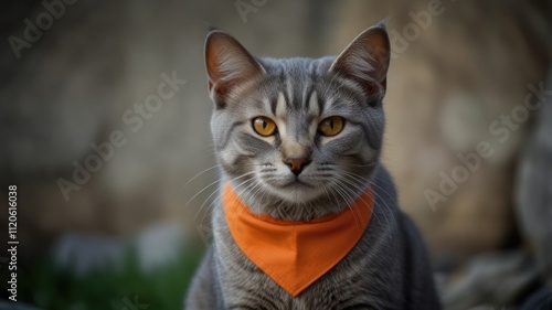 Grey tabby cat wearing an orange bandana, looking directly at the camera.