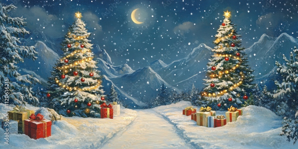 Obraz premium Magical winter night with christmas trees and gifts