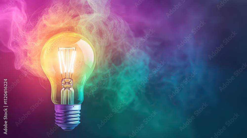 A lightbulb glowing with swirling watercolor smoke patterns, blending vivid purples, greens, and yellows A lightbulb glowing with swirling watercolor smoke patterns, blending vivid purples, greens, and yellows