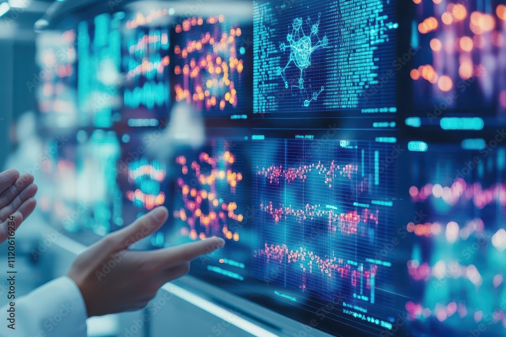 A lab filled with holographic screens displaying colorful molecular data, scientist presenting with hand gestures, glowing ambient light, closeup A lab filled with holographic screens displaying colorful molecular data, scientist presenting with hand gestures, glowing ambient light, closeup