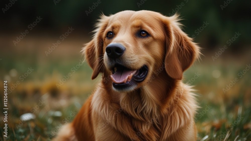Golden Retriever dog sitting outdoors, looking up. Golden Retriever dog sitting outdoors, looking up.