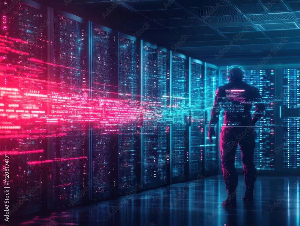 A cyber guardian avatar protecting a glowing server room, standing against a wave of malicious code A cyber guardian avatar protecting a glowing server room, standing against a wave of malicious code