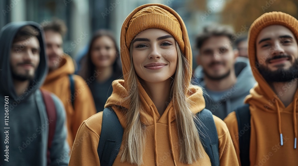 A diverse group of young adults in bright hoodies enjoys a beautiful day in an urban setting, radiating happiness and camaraderie in a lively autumn street scene. A diverse group of young adults in bright hoodies enjoys a beautiful day in an urban setting, radiating happiness and camaraderie in a lively autumn street scene.