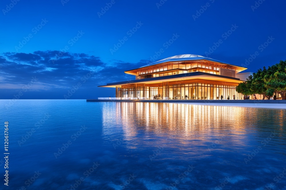 A 3D-rendered image of the Louvre Abu Dhabi, showcasing its dome with dynamic lighting and intricate water reflections A 3D-rendered image of the Louvre Abu Dhabi, showcasing its dome with dynamic lighting and intricate water reflections