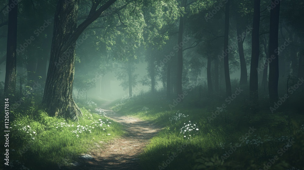 Obraz premium Misty forest pathway with soft sunlight