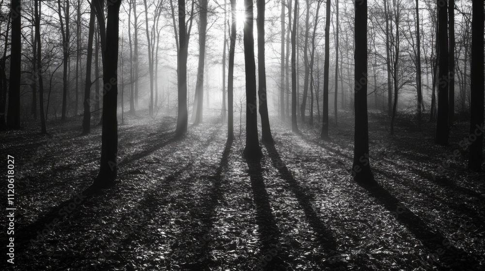 Fototapeta premium Misty forest with eerie shadows and fog