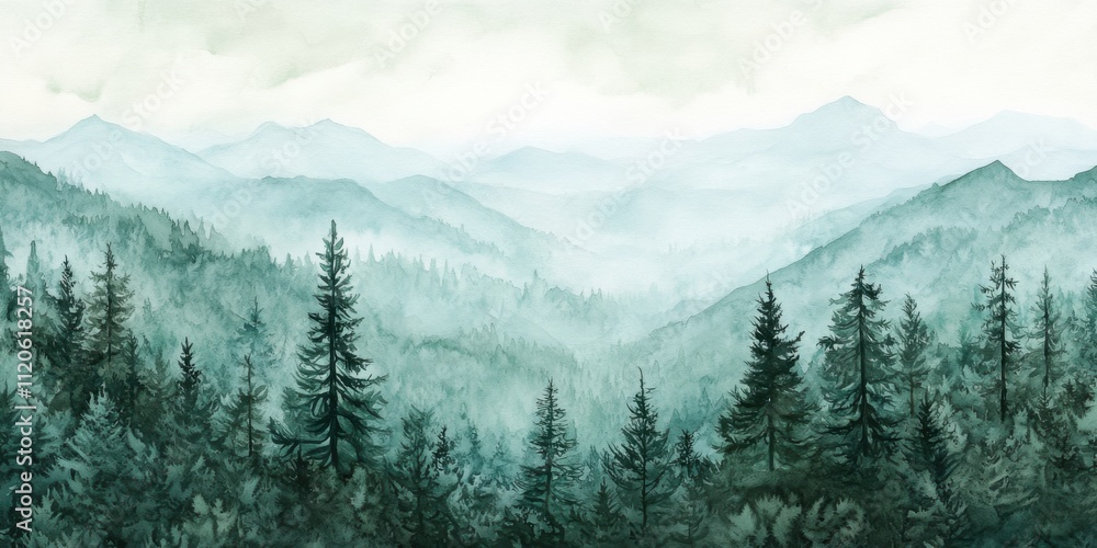 Fototapeta premium Misty green mountains watercolor landscape painting